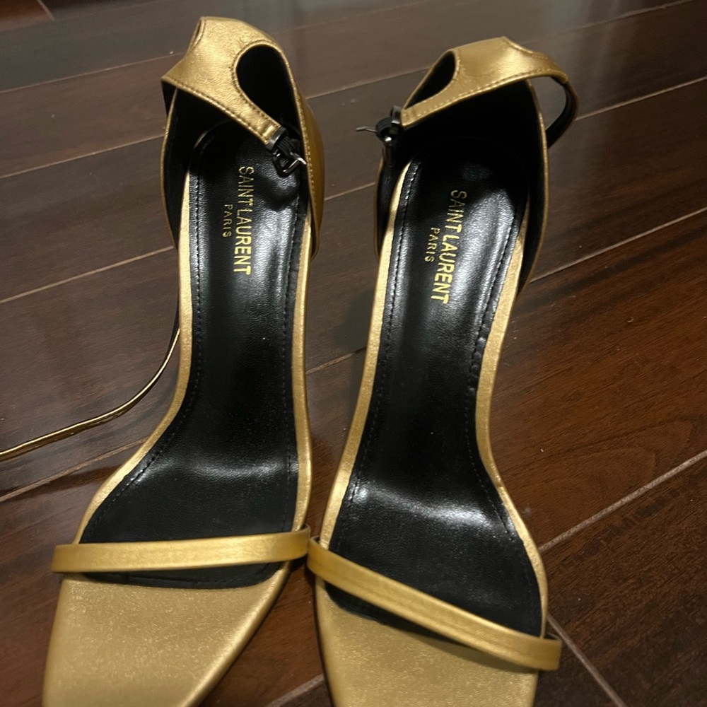 Saint Laurent Gold and Black Opyum Logo-Heel Sandals - Picture 2 of 6